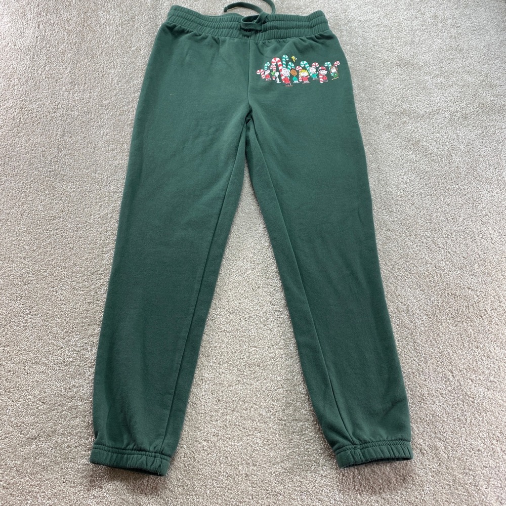 Peanuts Sweatpants Womens Small Green Christmas Snoopy Charlie Brown Joggers‎
